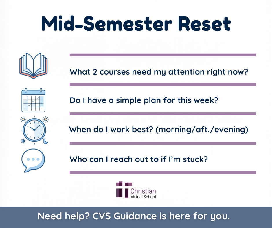Mid Semester Reset: 1) What 2 courses need my attention right now? 2) Do I have a simple plan for this week? 3) When do I work best? (morning, afternoon, evening) 4) Who can I reach out to if I'm stuck? Need help? CVS Guidance is here for you